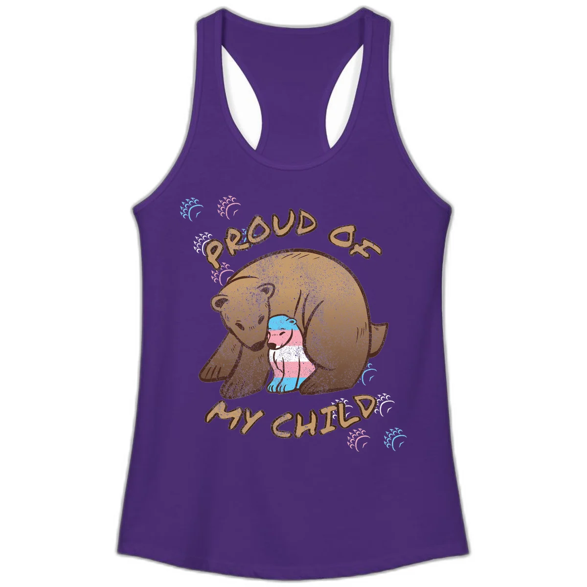 Brown bear holding a cub with blue, pink and white stripes, surrounded by 'Proud As My Chubby' text and decorative wave designs celebrating transgender pride in Solid Purple Rush