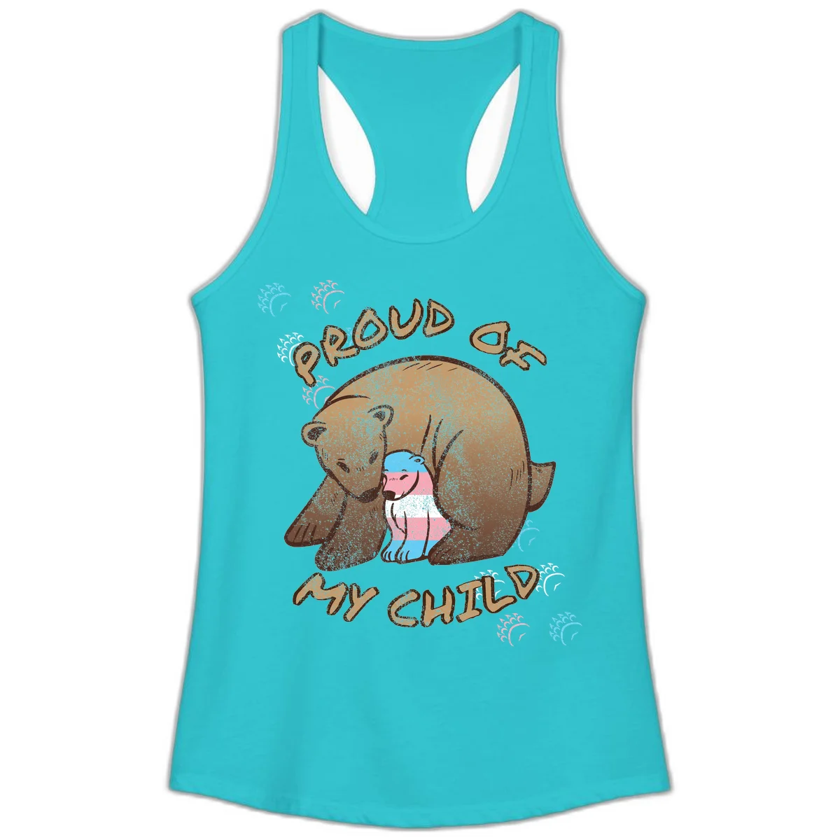 Brown bear holding a cub with blue, pink and white stripes, surrounded by 'Proud As My Chubby' text and decorative wave designs celebrating transgender pride in Solid Tahiti Blue