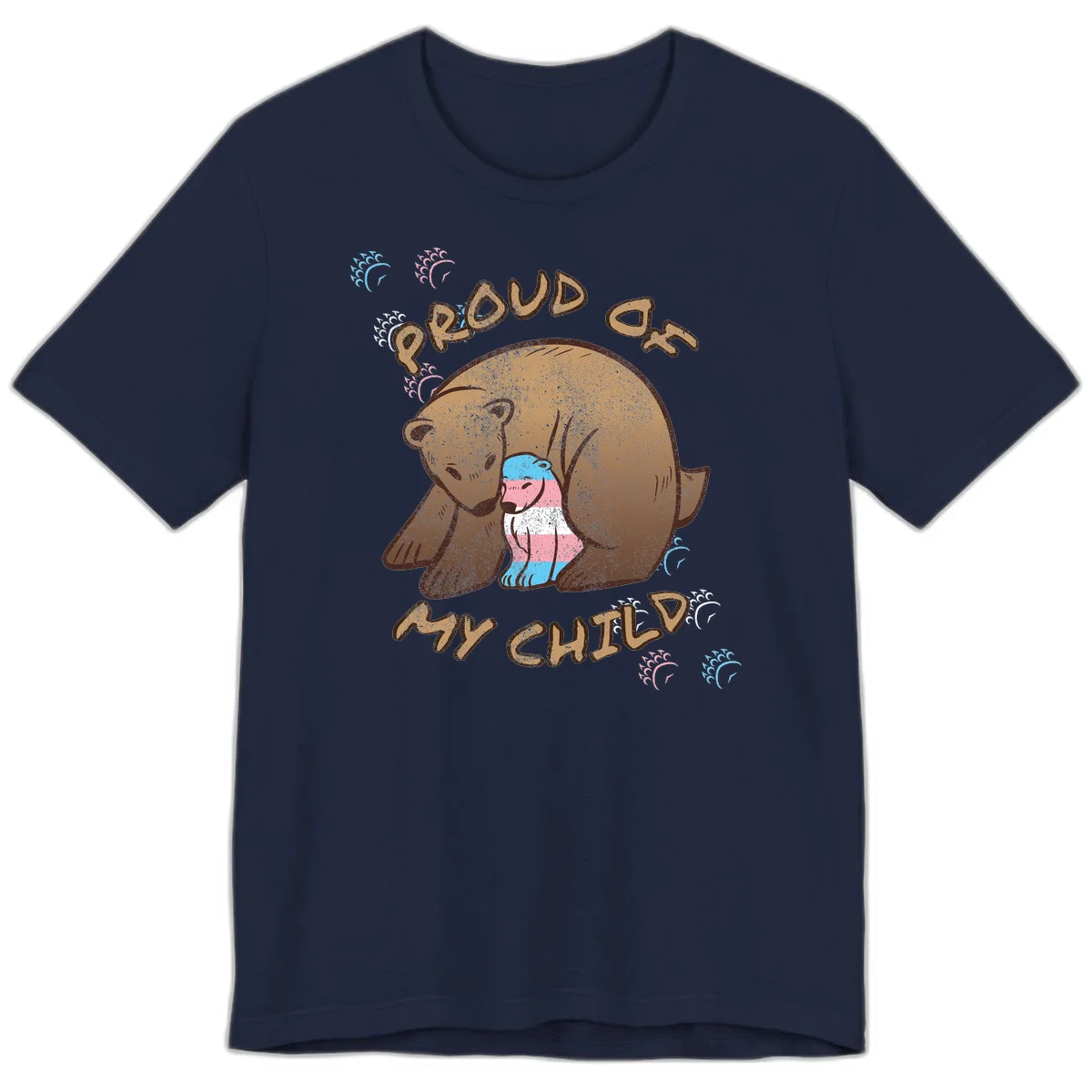 Brown bear holding a cub with blue, pink and white stripes, surrounded by 'Proud As My Chubby' text and decorative wave designs celebrating transgender pride in Navy