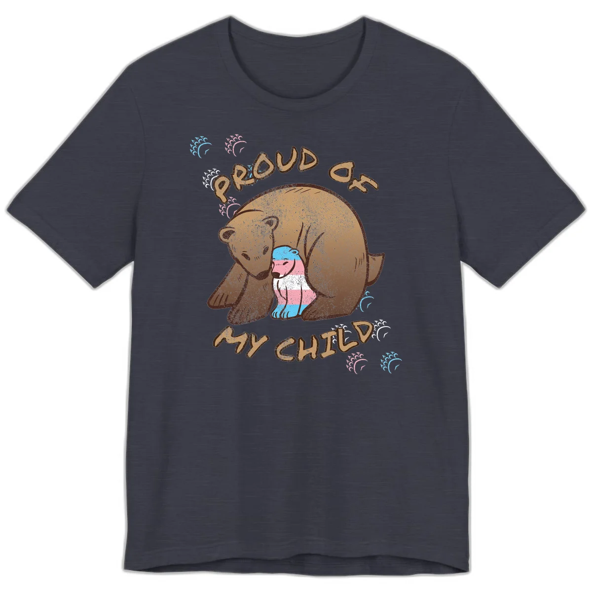 Brown bear holding a cub with blue, pink and white stripes, surrounded by 'Proud As My Chubby' text and decorative wave designs celebrating transgender pride in Heather Midnight Navy