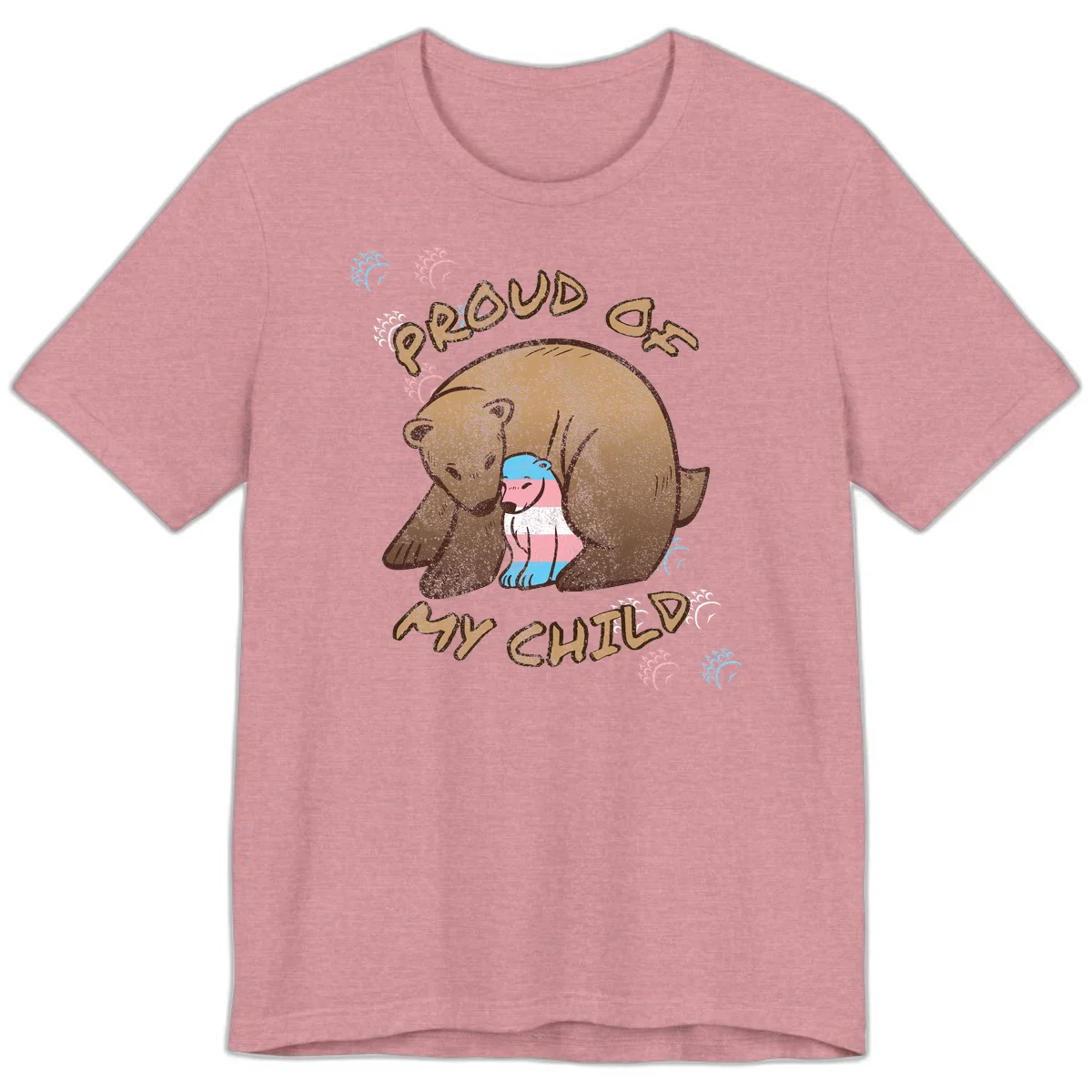 Brown bear holding a cub with blue, pink and white stripes, surrounded by 'Proud As My Chubby' text and decorative wave designs celebrating transgender pride in Heather Orchid