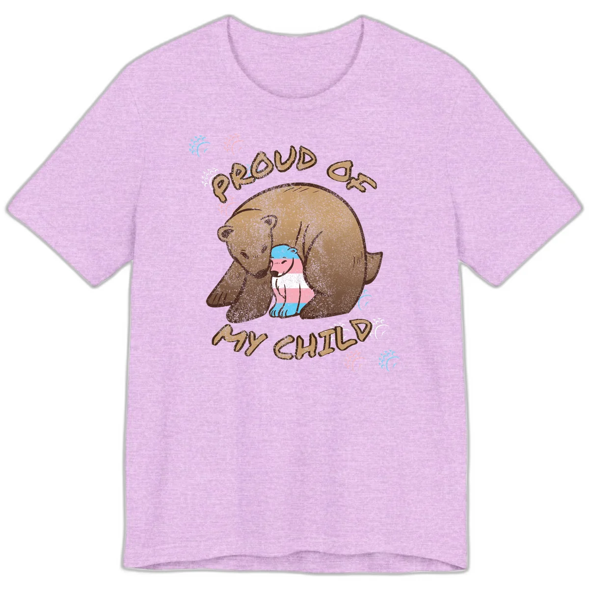 Brown bear holding a cub with blue, pink and white stripes, surrounded by 'Proud As My Chubby' text and decorative wave designs celebrating transgender pride in Heather Prism Lilac