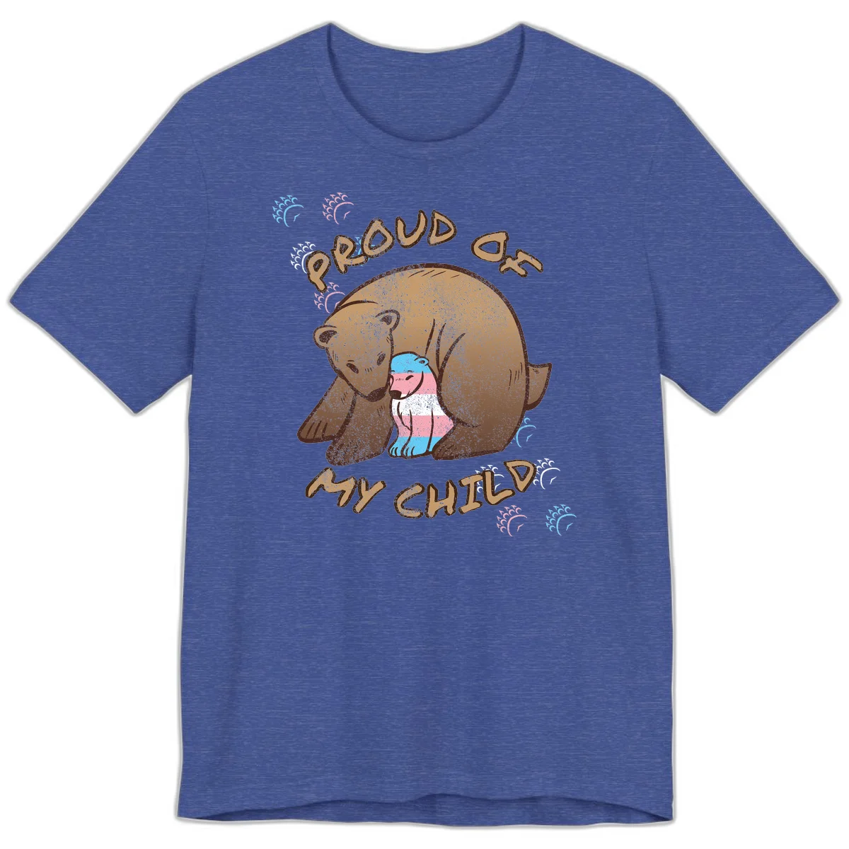 Brown bear holding a cub with blue, pink and white stripes, surrounded by 'Proud As My Chubby' text and decorative wave designs celebrating transgender pride in Heather True Royal