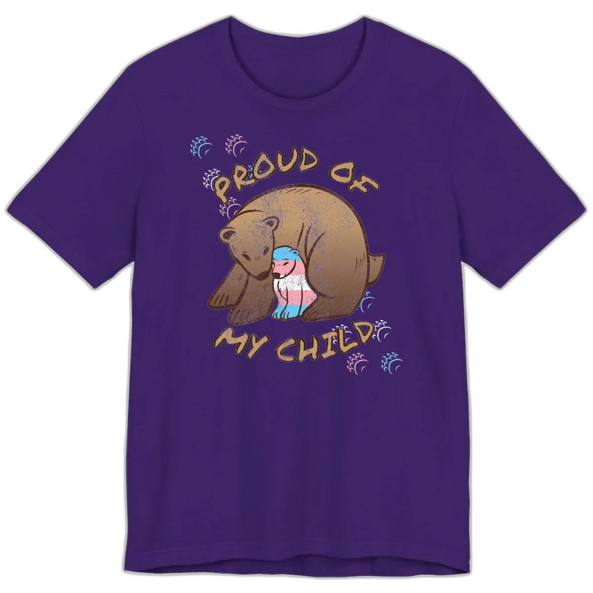 Brown bear holding a cub with blue, pink and white stripes, surrounded by 'Proud As My Chubby' text and decorative wave designs celebrating transgender pride in Team Purple