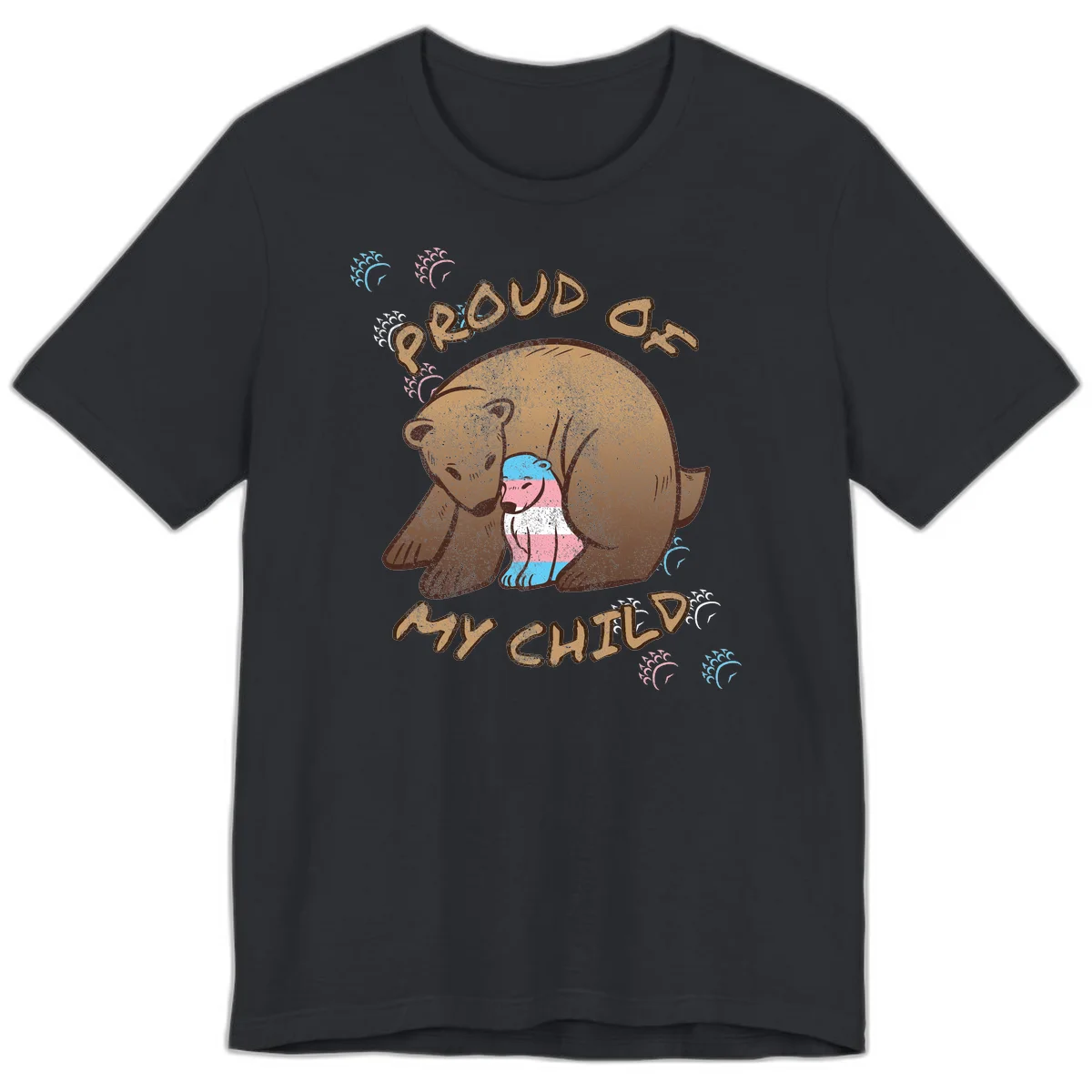 Brown bear holding a cub with blue, pink and white stripes, surrounded by 'Proud As My Chubby' text and decorative wave designs celebrating transgender pride in Vintage Black