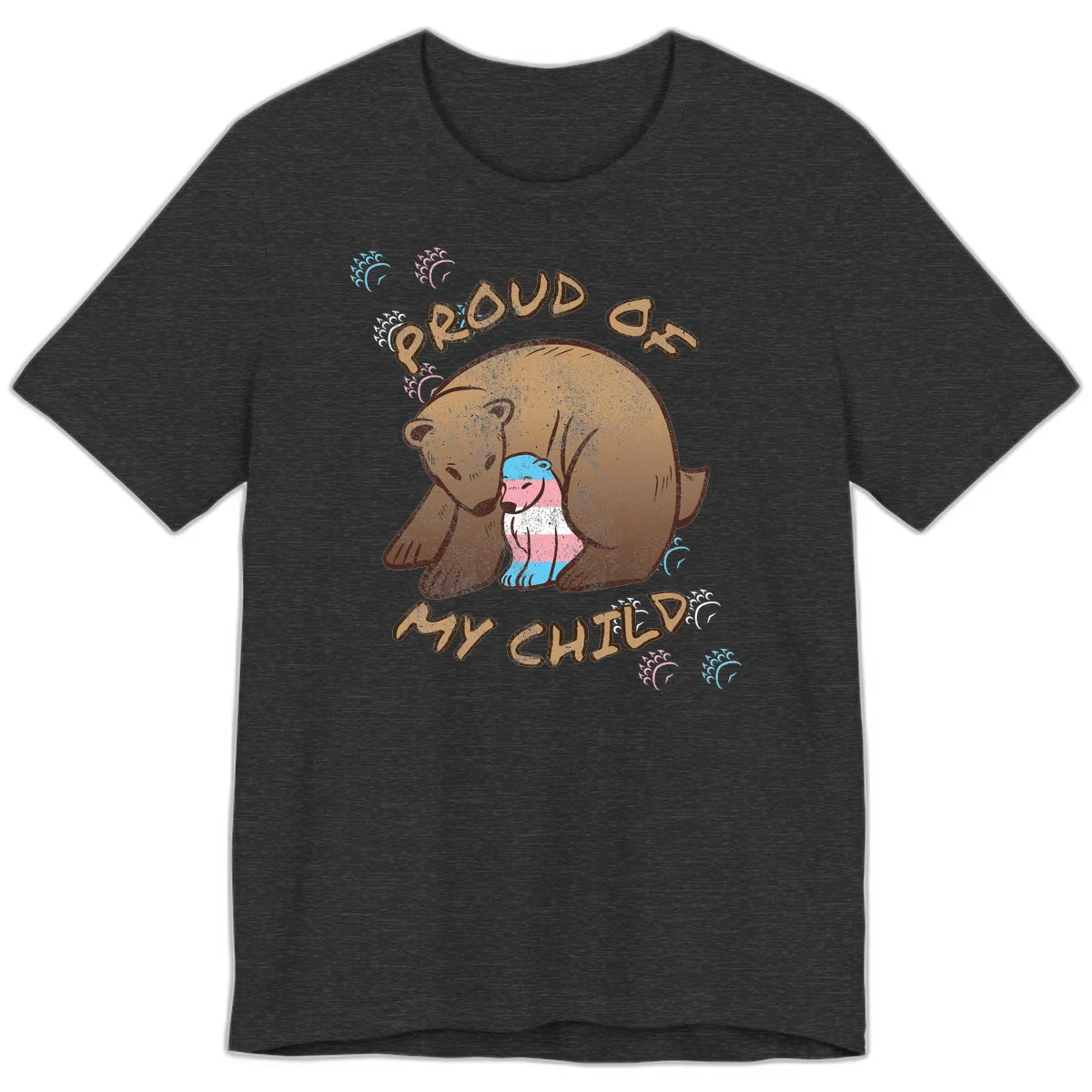 Brown bear holding a cub with blue, pink and white stripes, surrounded by 'Proud As My Chubby' text and decorative wave designs celebrating transgender pride in Dark Grey Heather