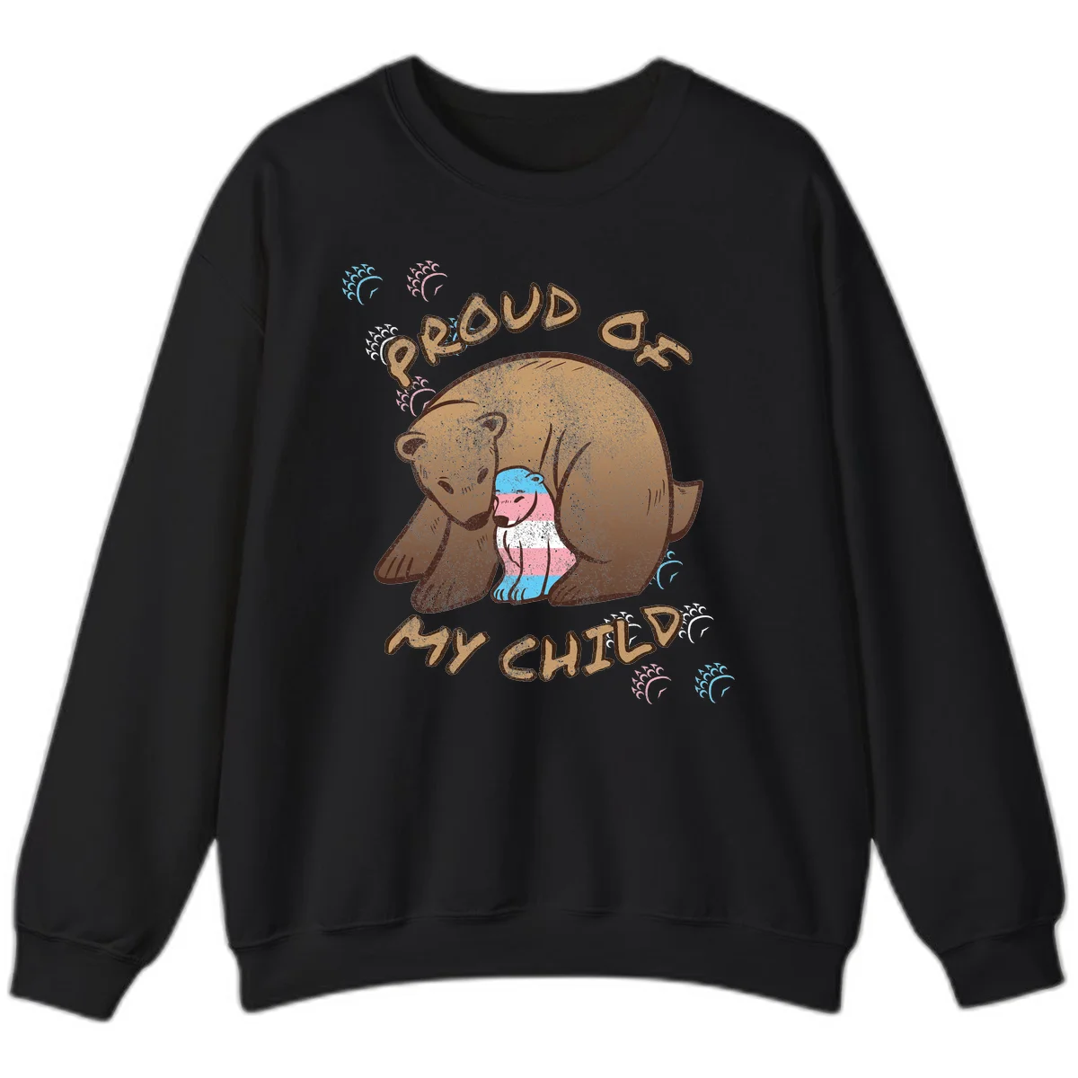 Brown bear holding a cub with blue, pink and white stripes, surrounded by 'Proud As My Chubby' text and decorative wave designs celebrating transgender pride in Black