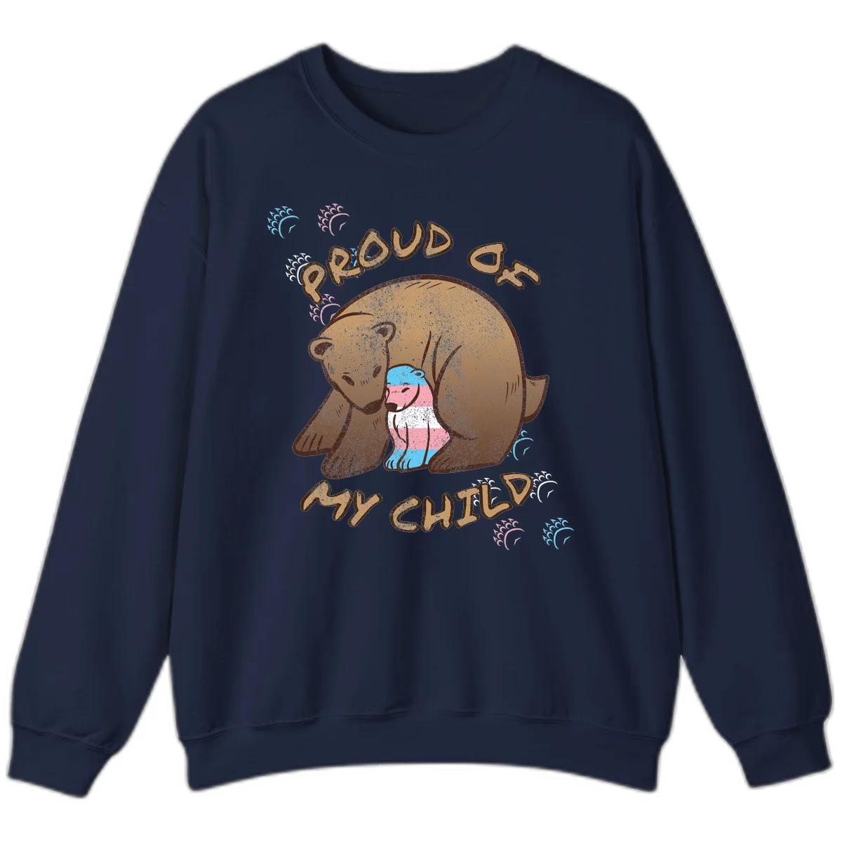 Brown bear holding a cub with blue, pink and white stripes, surrounded by 'Proud As My Chubby' text and decorative wave designs celebrating transgender pride in Navy