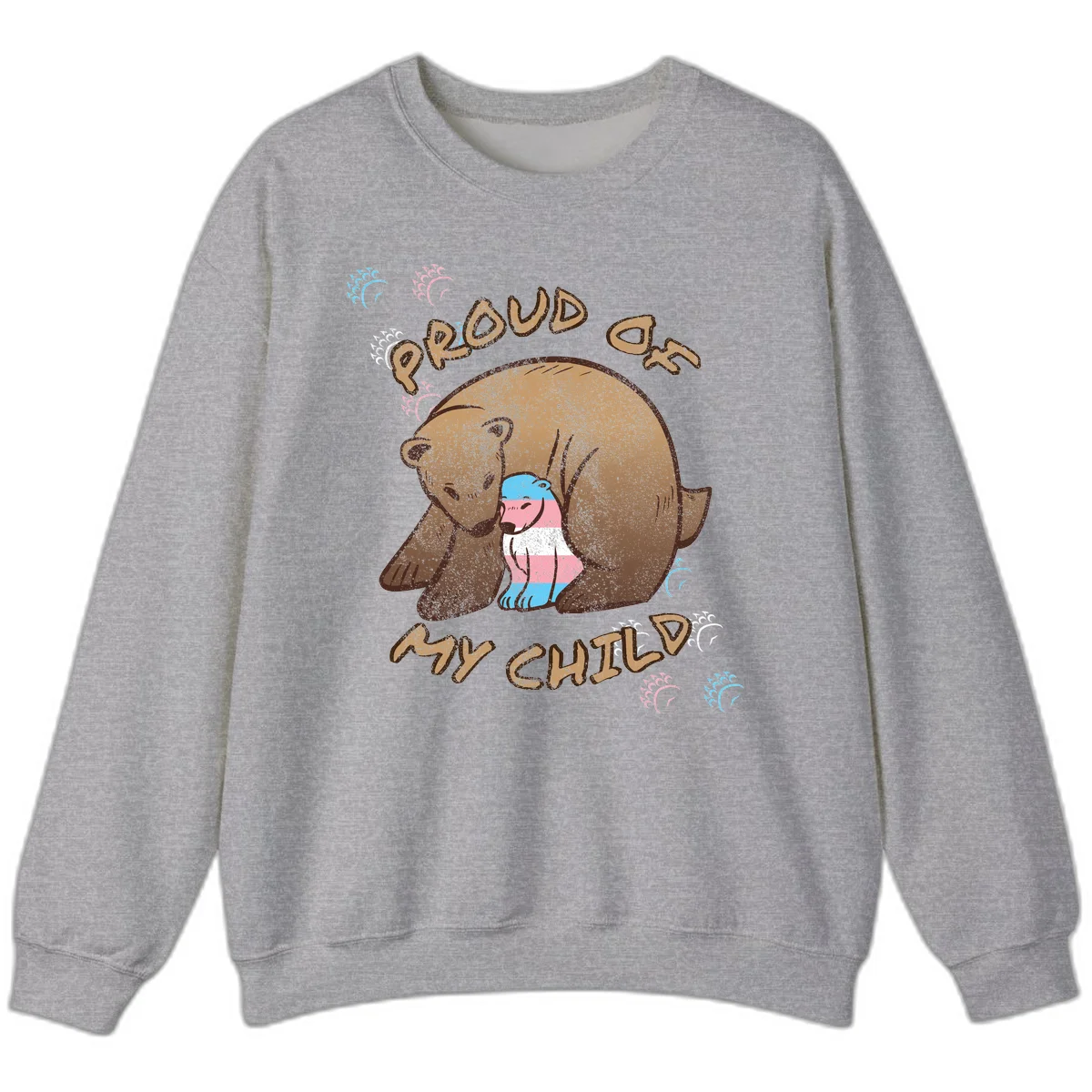 Brown bear holding a cub with blue, pink and white stripes, surrounded by 'Proud As My Chubby' text and decorative wave designs celebrating transgender pride in Sport Grey