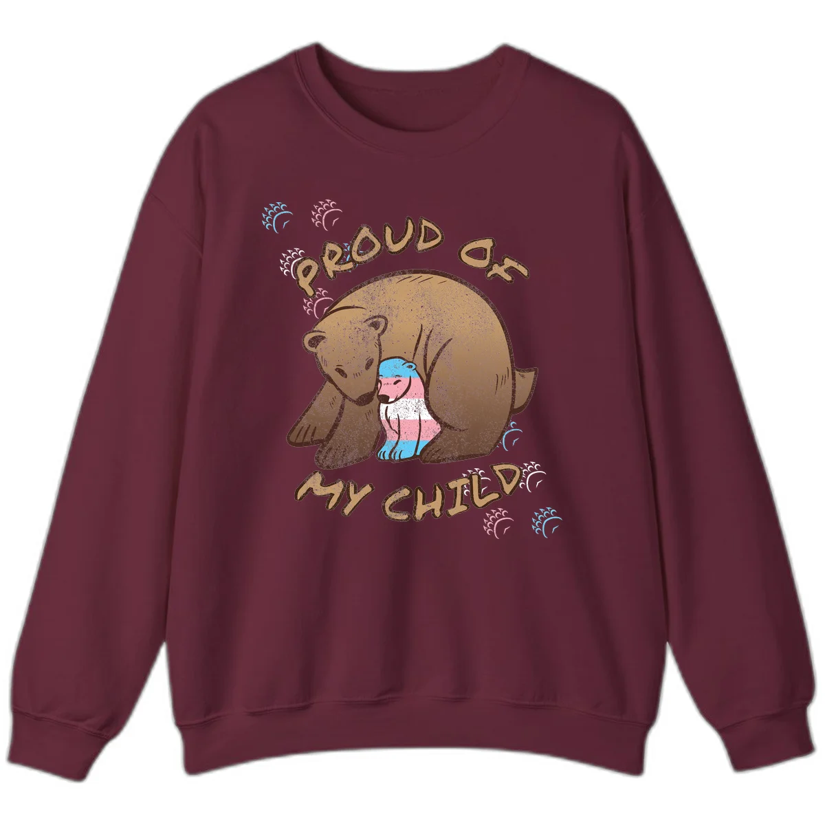 Brown bear holding a cub with blue, pink and white stripes, surrounded by 'Proud As My Chubby' text and decorative wave designs celebrating transgender pride in Maroon