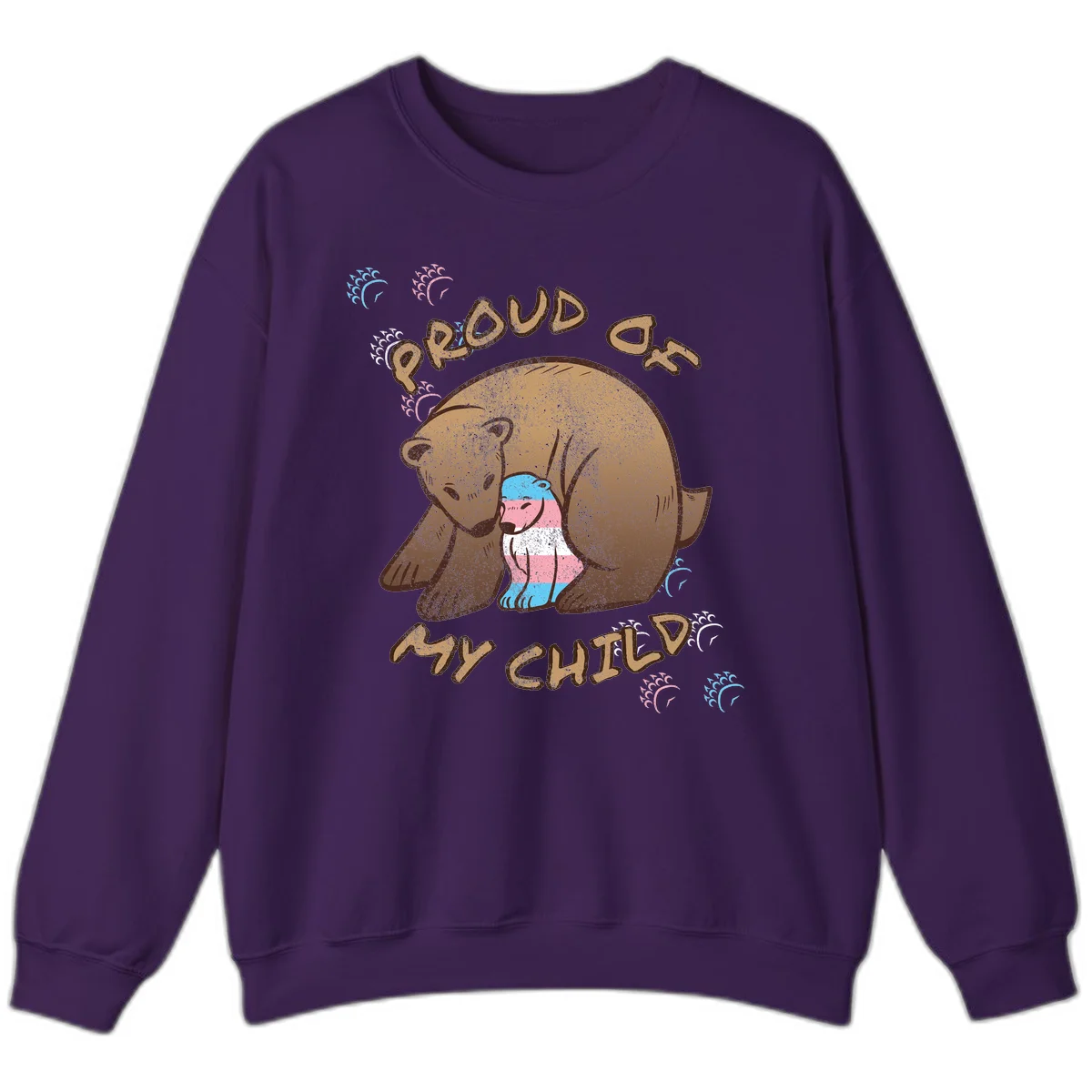 Brown bear holding a cub with blue, pink and white stripes, surrounded by 'Proud As My Chubby' text and decorative wave designs celebrating transgender pride in Purple