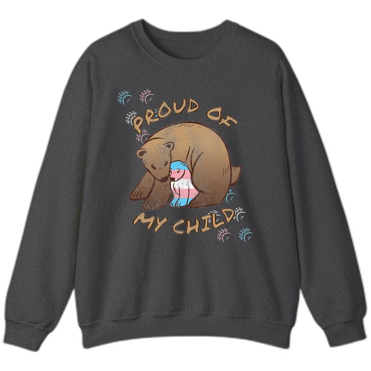 Brown bear holding a cub with blue, pink and white stripes, surrounded by 'Proud As My Chubby' text and decorative wave designs celebrating transgender pride in Dark Heather