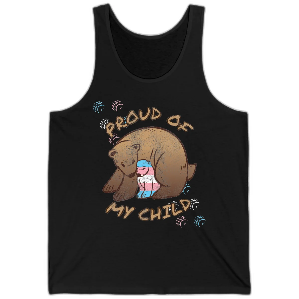 Brown bear holding a cub with blue, pink and white stripes, surrounded by 'Proud As My Chubby' text and decorative wave designs celebrating transgender pride in Black