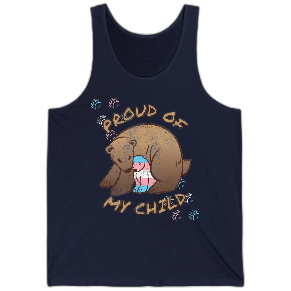 Brown bear holding a cub with blue, pink and white stripes, surrounded by 'Proud As My Chubby' text and decorative wave designs celebrating transgender pride in Navy