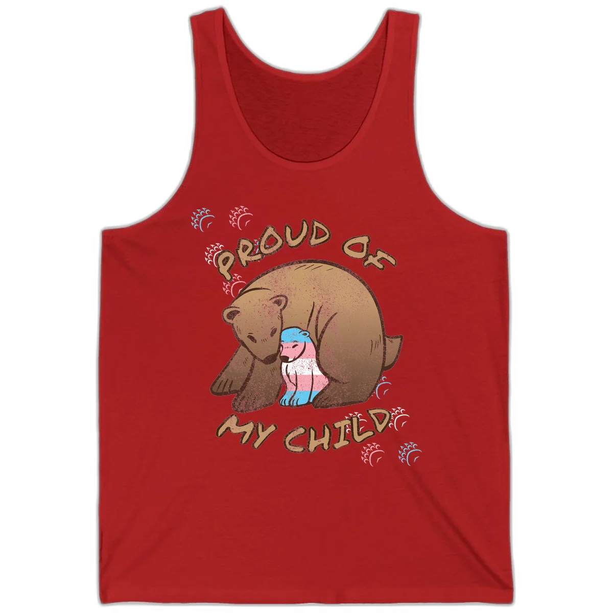 Brown bear holding a cub with blue, pink and white stripes, surrounded by 'Proud As My Chubby' text and decorative wave designs celebrating transgender pride in Red