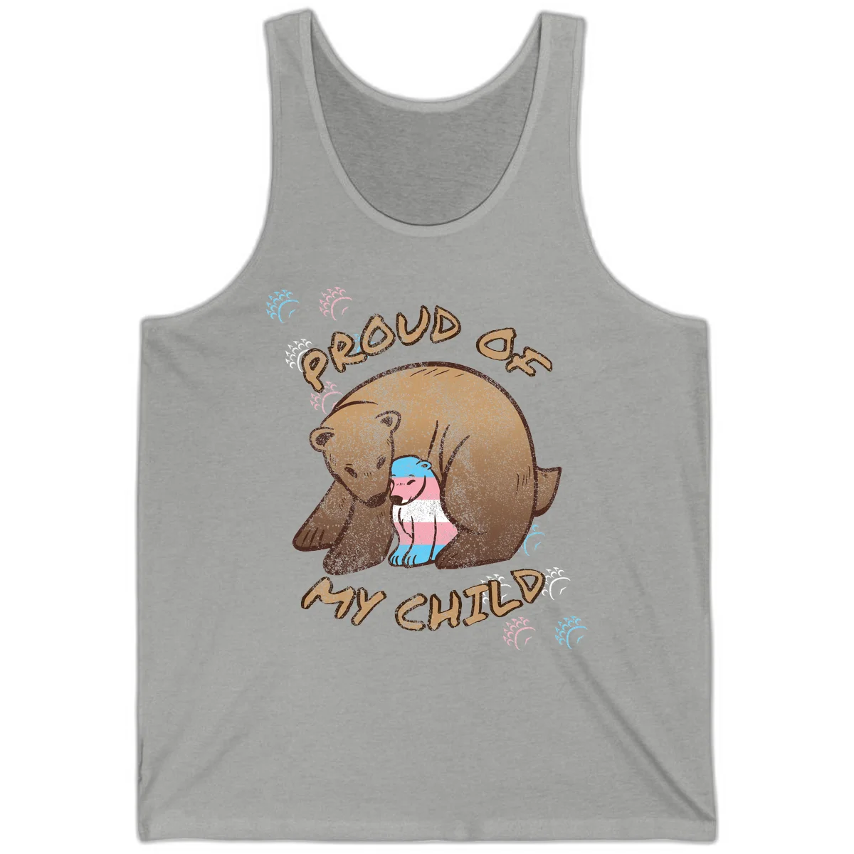 Brown bear holding a cub with blue, pink and white stripes, surrounded by 'Proud As My Chubby' text and decorative wave designs celebrating transgender pride in Athletic Heather