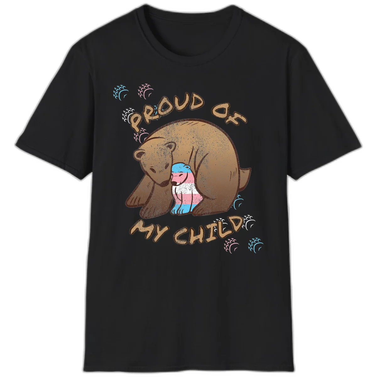 Brown bear holding a cub with blue, pink and white stripes, surrounded by 'Proud As My Chubby' text and decorative wave designs celebrating transgender pride in Black