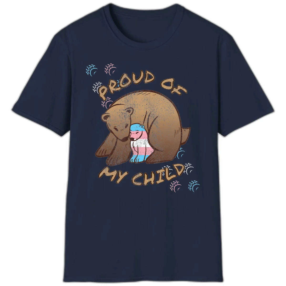 Brown bear holding a cub with blue, pink and white stripes, surrounded by 'Proud As My Chubby' text and decorative wave designs celebrating transgender pride in Navy