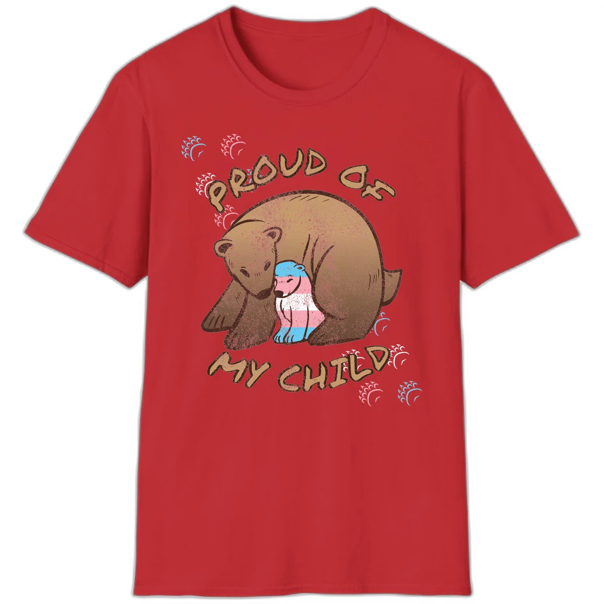 Brown bear holding a cub with blue, pink and white stripes, surrounded by 'Proud As My Chubby' text and decorative wave designs celebrating transgender pride in Red