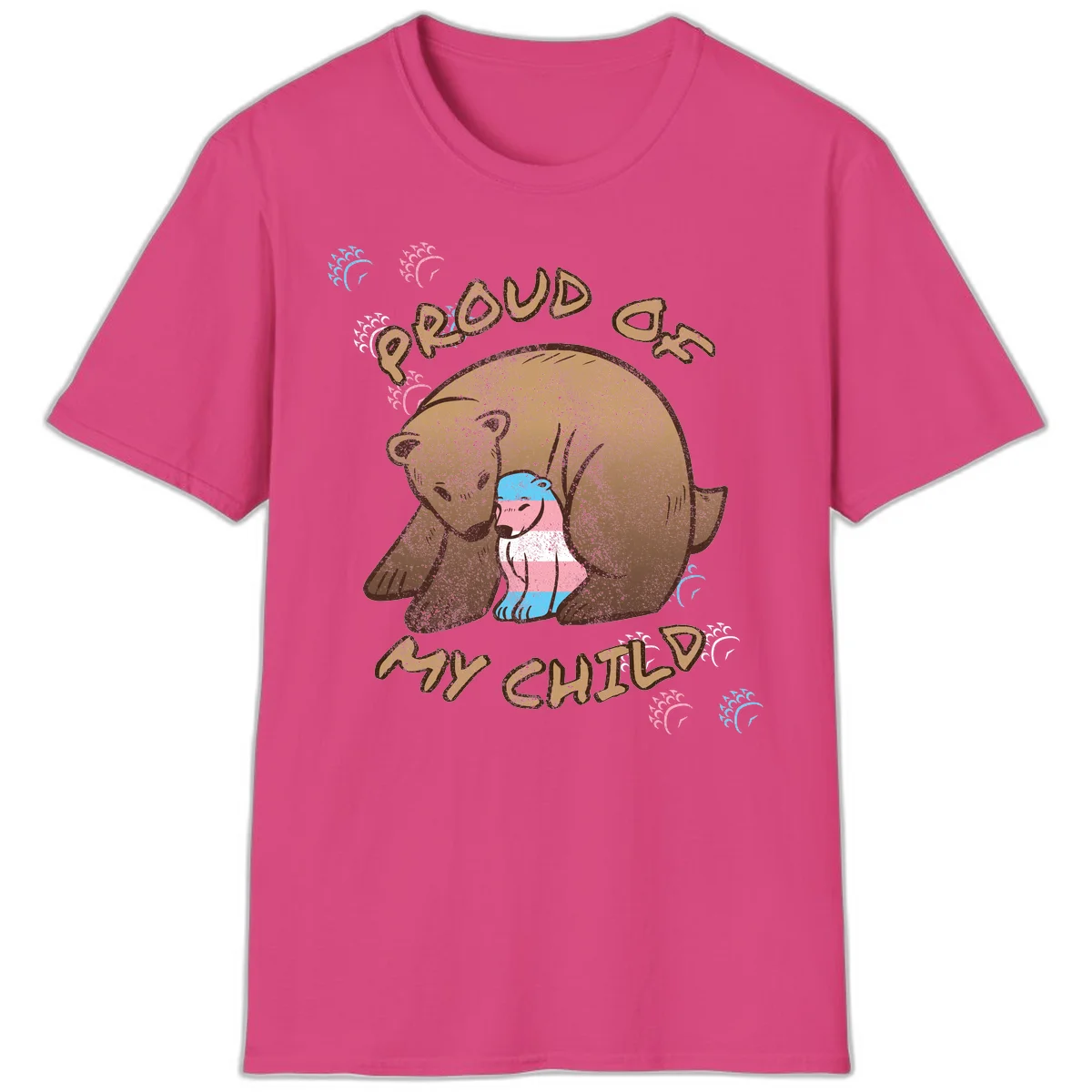 Brown bear holding a cub with blue, pink and white stripes, surrounded by 'Proud As My Chubby' text and decorative wave designs celebrating transgender pride in Heliconia