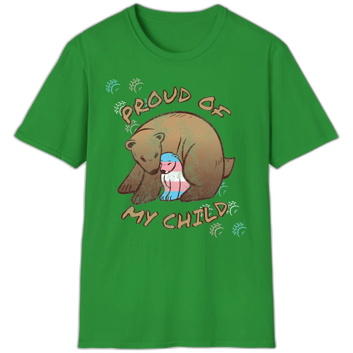 Brown bear holding a cub with blue, pink and white stripes, surrounded by 'Proud As My Chubby' text and decorative wave designs celebrating transgender pride in Irish Green