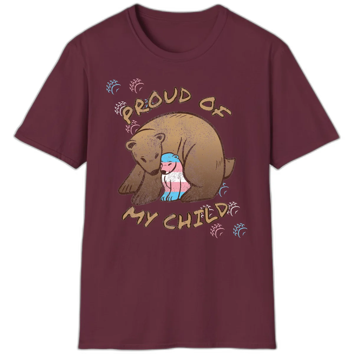 Brown bear holding a cub with blue, pink and white stripes, surrounded by 'Proud As My Chubby' text and decorative wave designs celebrating transgender pride in Maroon