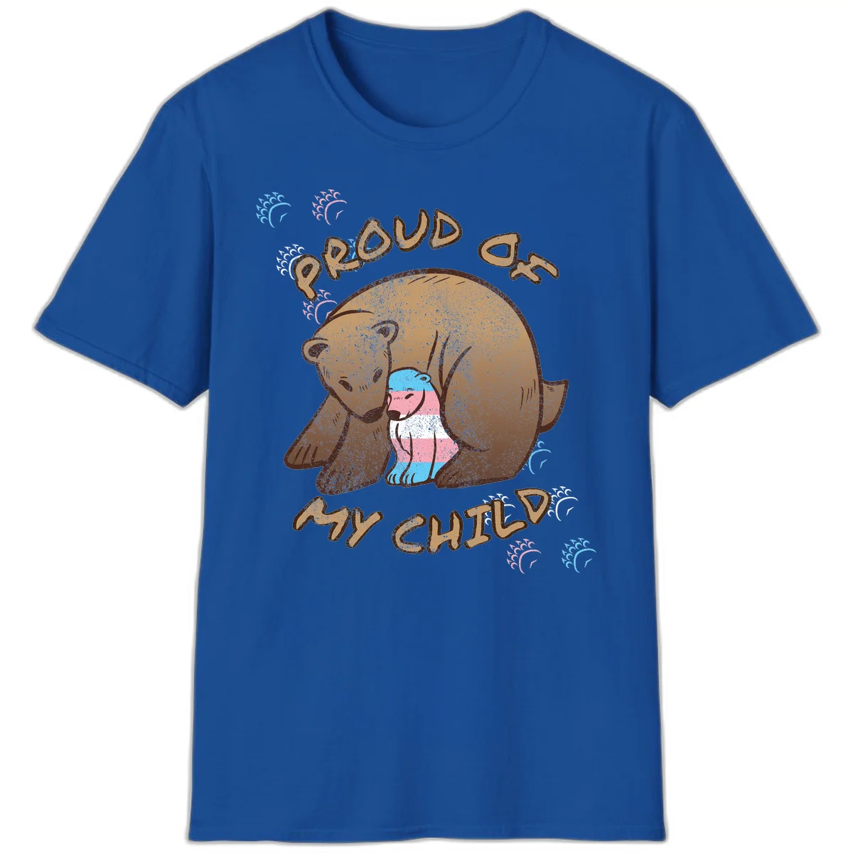Brown bear holding a cub with blue, pink and white stripes, surrounded by 'Proud As My Chubby' text and decorative wave designs celebrating transgender pride in Royal
