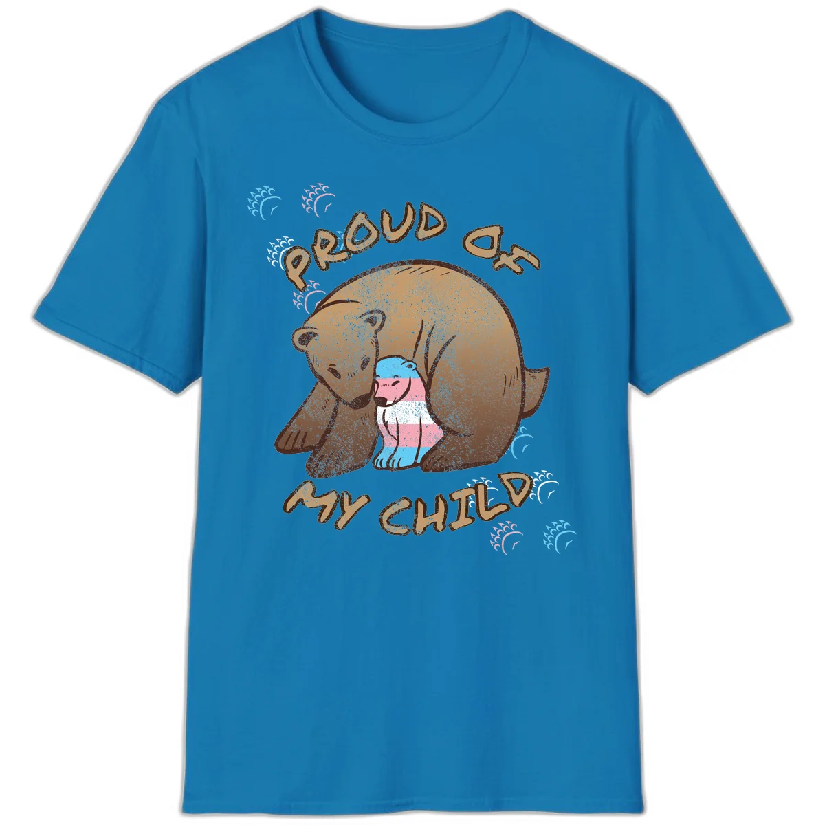 Brown bear holding a cub with blue, pink and white stripes, surrounded by 'Proud As My Chubby' text and decorative wave designs celebrating transgender pride in Sapphire