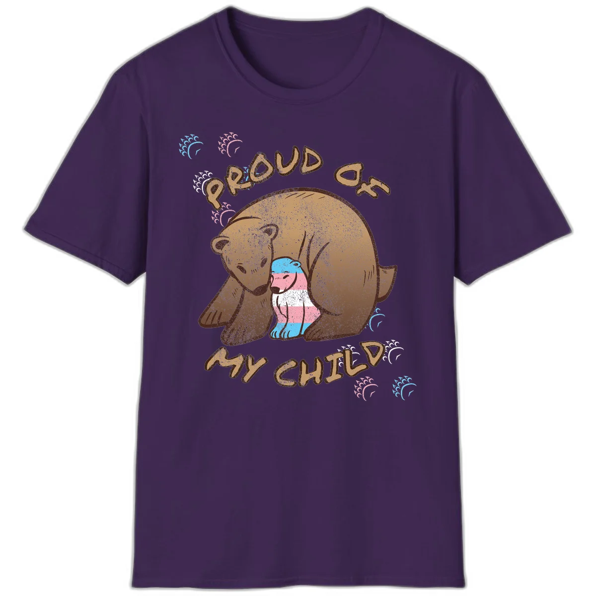 Brown bear holding a cub with blue, pink and white stripes, surrounded by 'Proud As My Chubby' text and decorative wave designs celebrating transgender pride in Purple