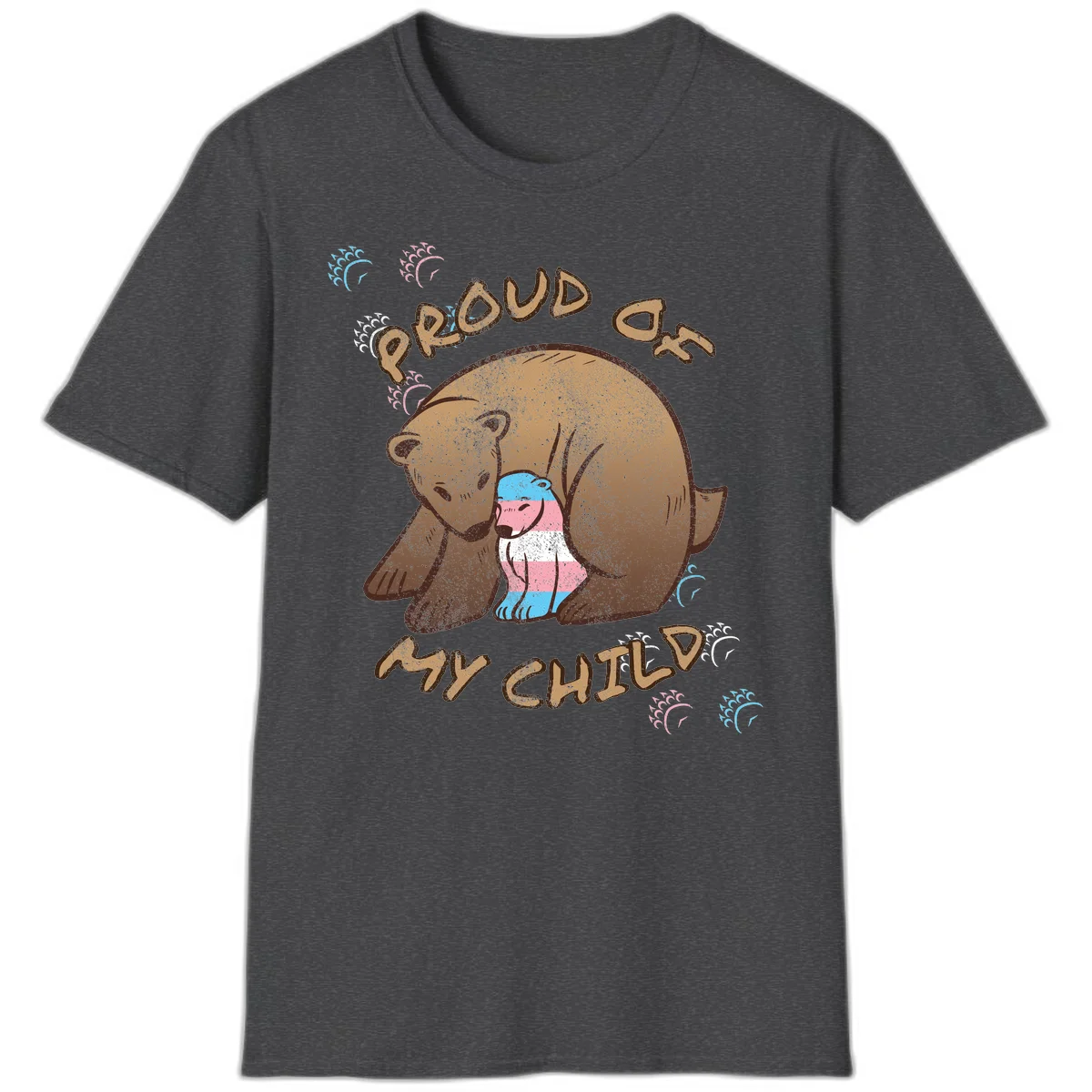 Brown bear holding a cub with blue, pink and white stripes, surrounded by 'Proud As My Chubby' text and decorative wave designs celebrating transgender pride in Dark Heather