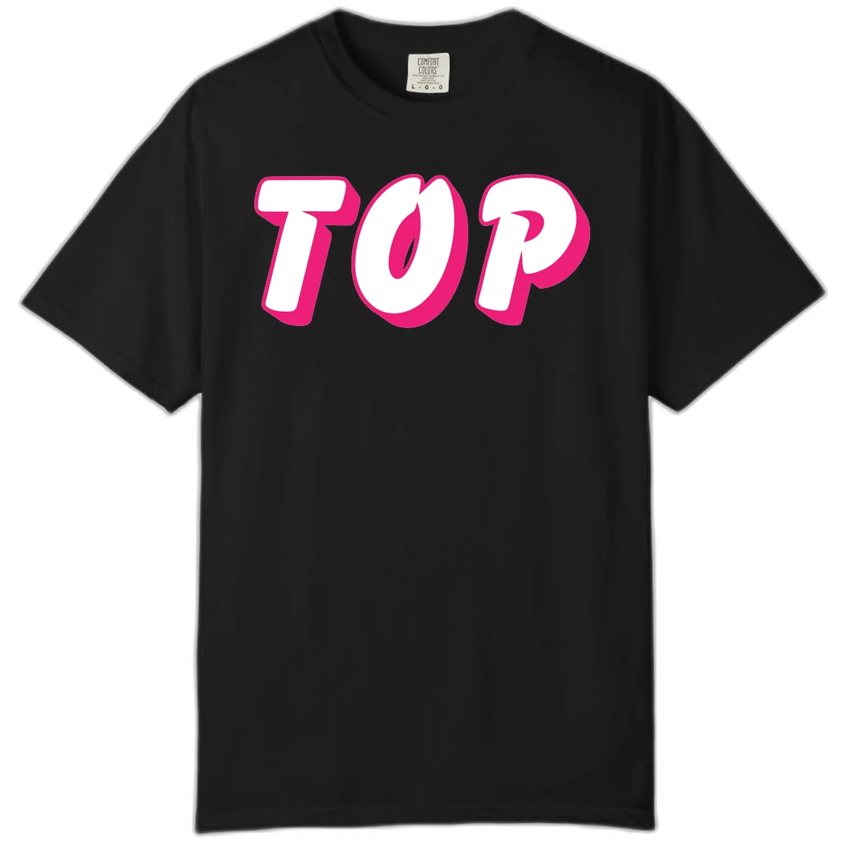 Bold hot pink TOP typography with 3D dimensional shadow effect and white lettering on gray background in Black
