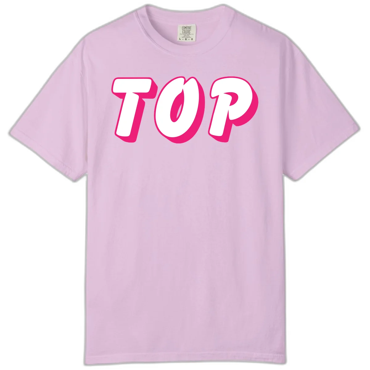 Bold hot pink TOP typography with 3D dimensional shadow effect and white lettering on gray background in Orchid