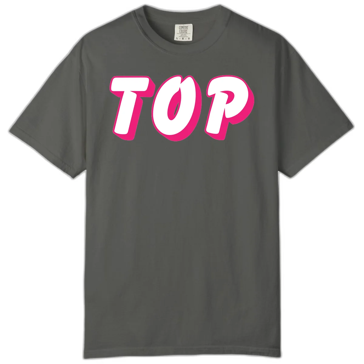 Bold hot pink TOP typography with 3D dimensional shadow effect and white lettering on gray background in Pepper
