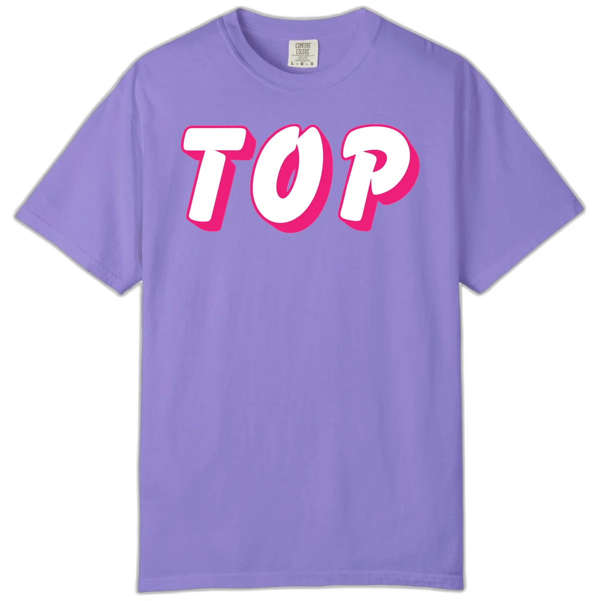 Bold hot pink TOP typography with 3D dimensional shadow effect and white lettering on gray background in Violet
