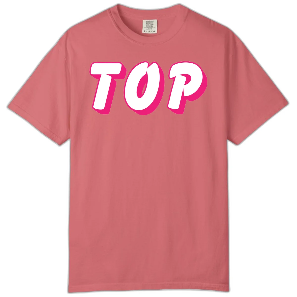 Bold hot pink TOP typography with 3D dimensional shadow effect and white lettering on gray background in Watermelon