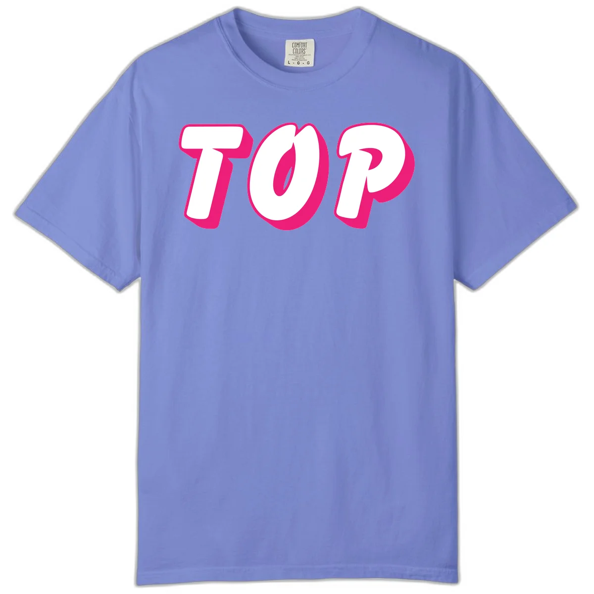 Bold hot pink TOP typography with 3D dimensional shadow effect and white lettering on gray background in Flo Blue