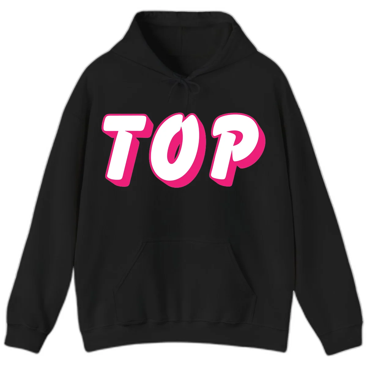 Bold hot pink TOP typography with 3D dimensional shadow effect and white lettering on gray background in Black