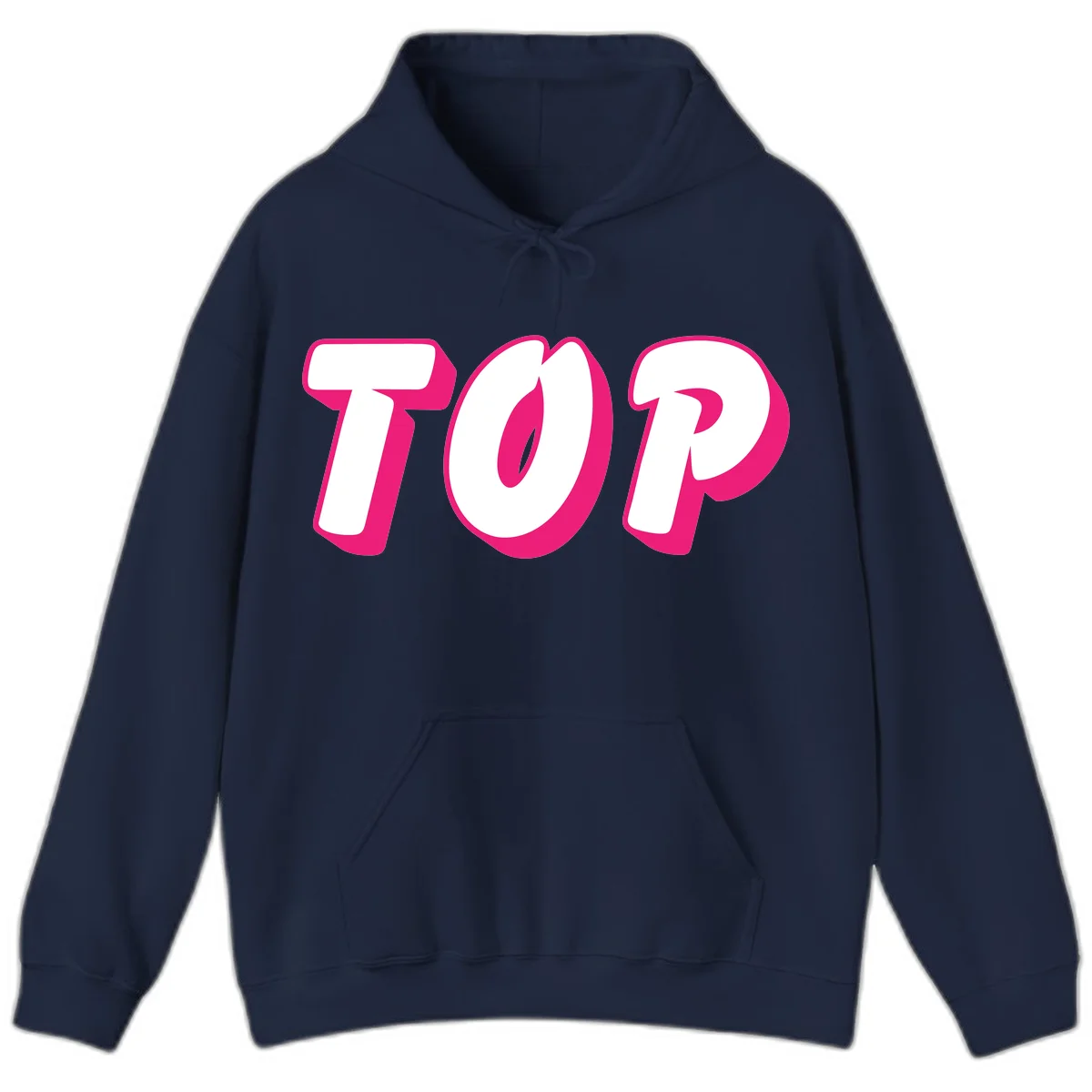 Bold hot pink TOP typography with 3D dimensional shadow effect and white lettering on gray background in Navy