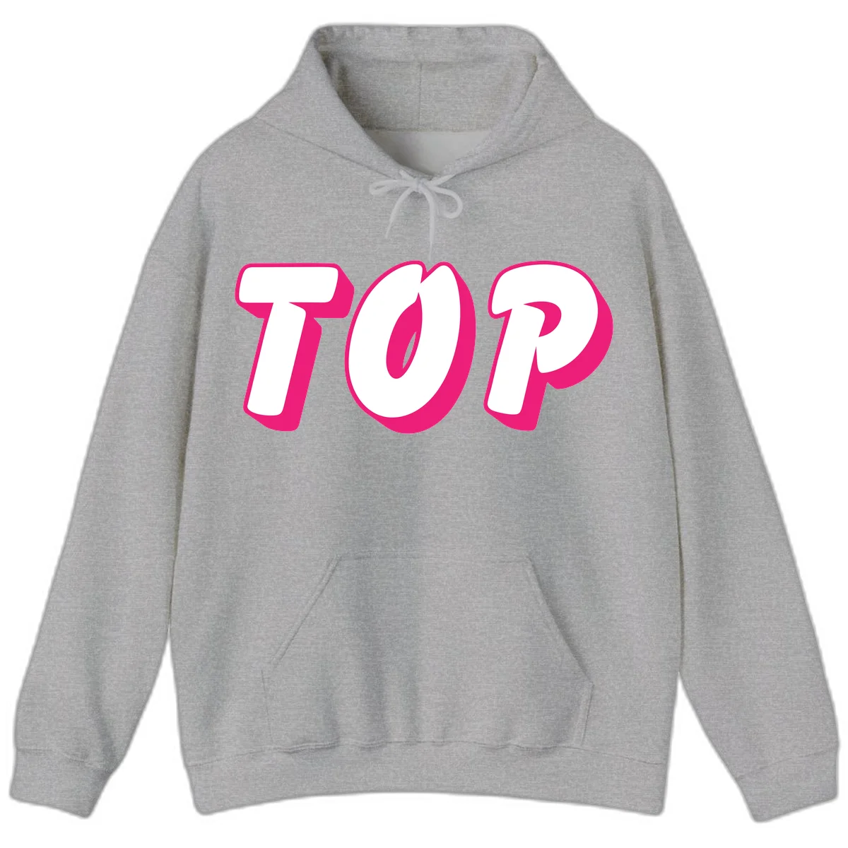 Bold hot pink TOP typography with 3D dimensional shadow effect and white lettering on gray background in Sport Grey
