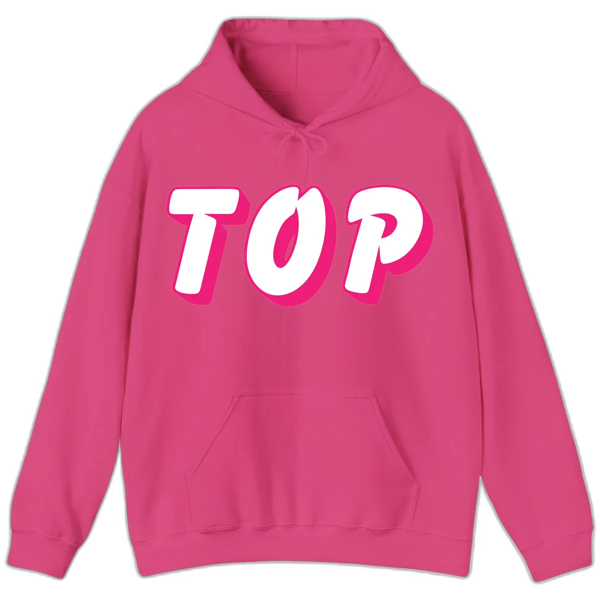 Bold hot pink TOP typography with 3D dimensional shadow effect and white lettering on gray background in Heliconia