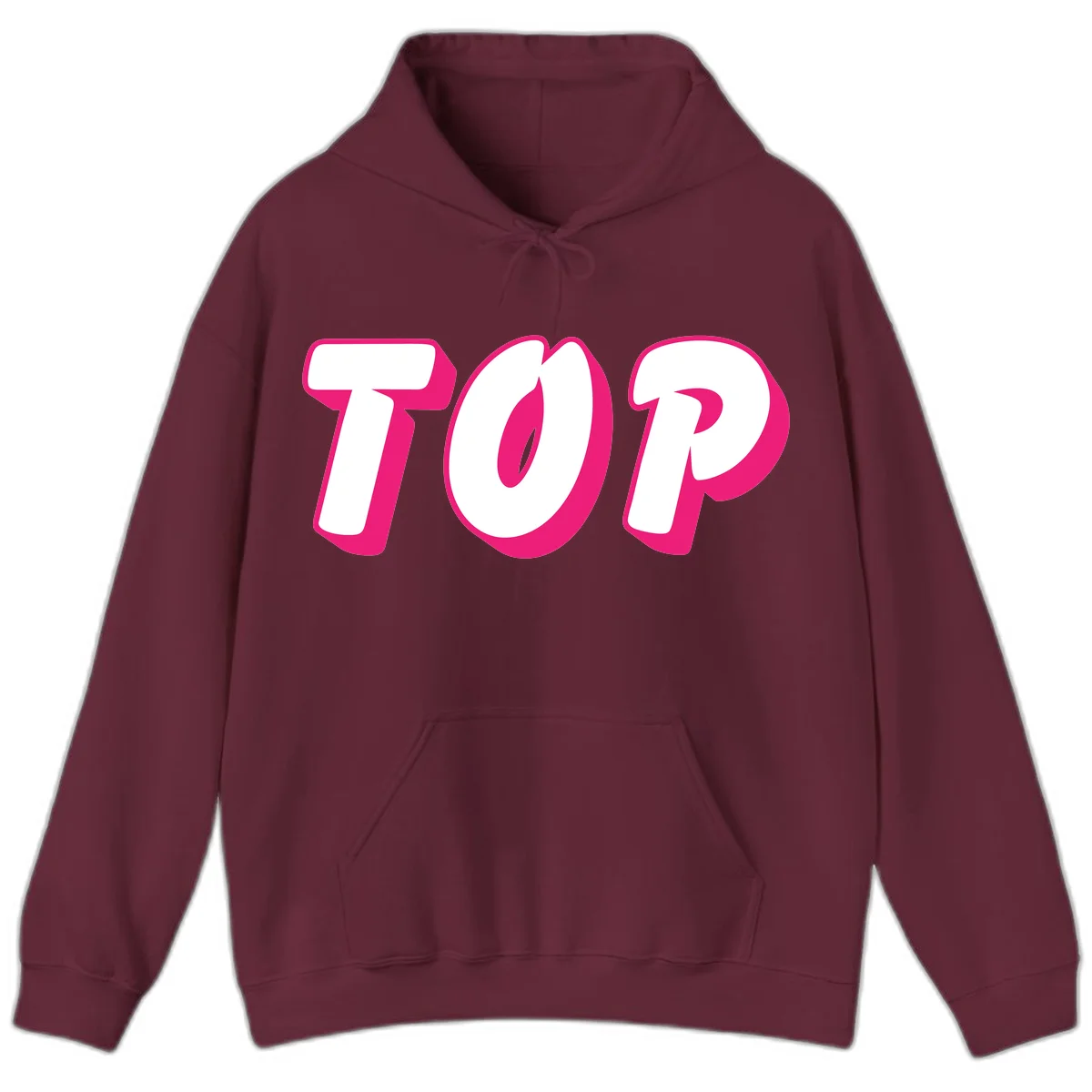 Bold hot pink TOP typography with 3D dimensional shadow effect and white lettering on gray background in Maroon