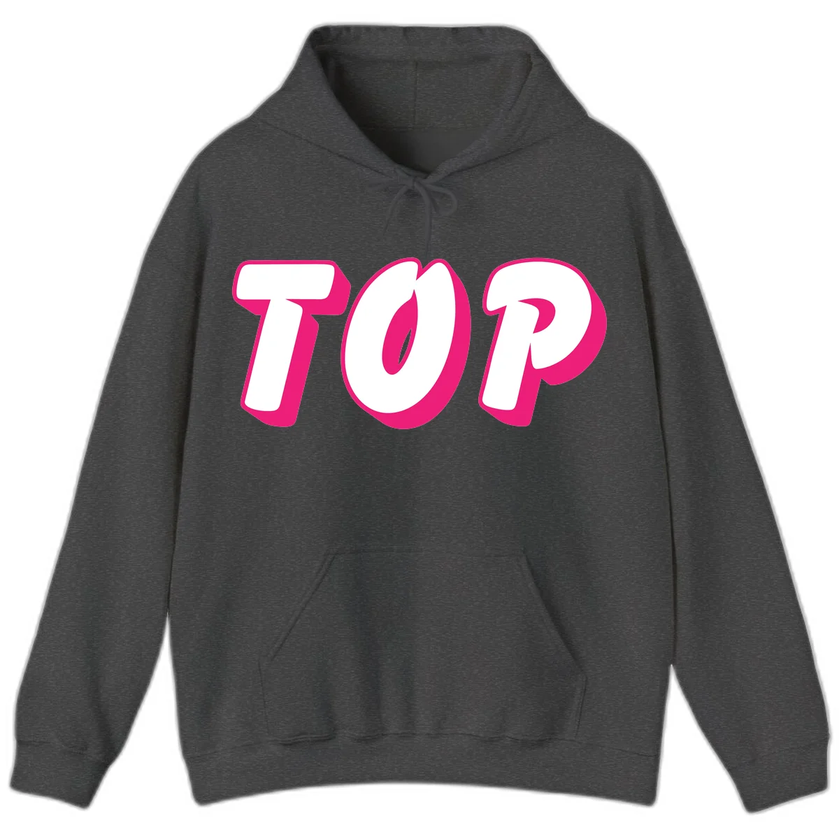 Bold hot pink TOP typography with 3D dimensional shadow effect and white lettering on gray background in Dark Heather