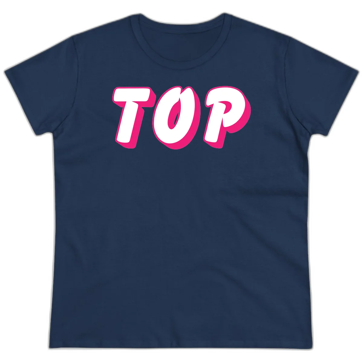 Bold hot pink TOP typography with 3D dimensional shadow effect and white lettering on gray background in Navy