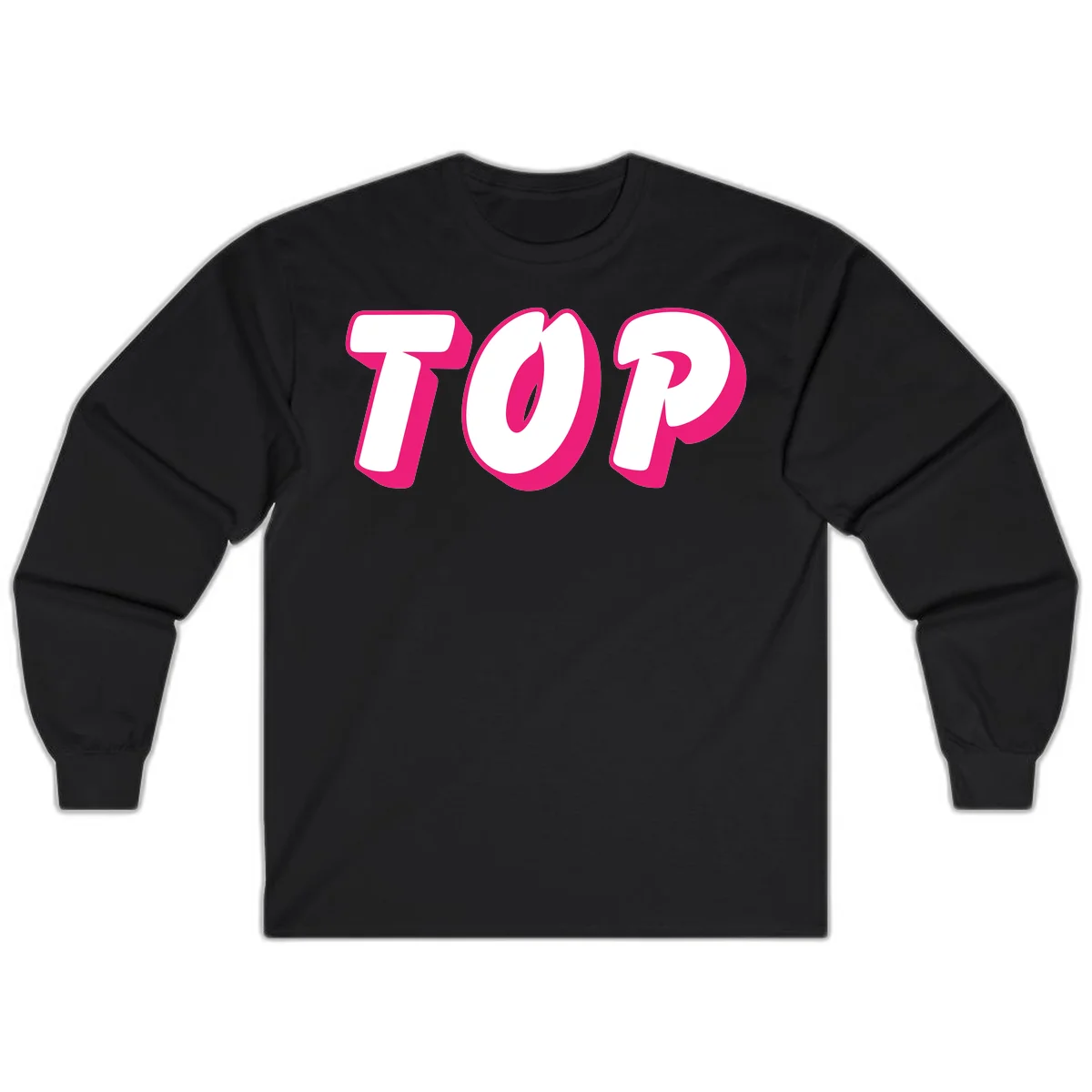 Bold hot pink TOP typography with 3D dimensional shadow effect and white lettering on gray background in Black