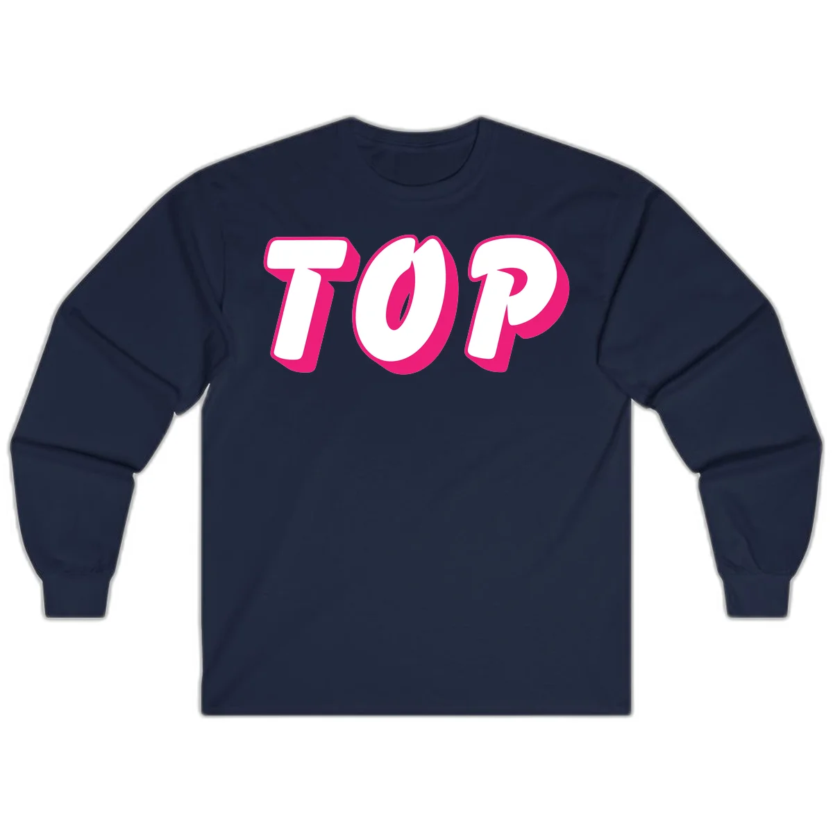 Bold hot pink TOP typography with 3D dimensional shadow effect and white lettering on gray background in Navy