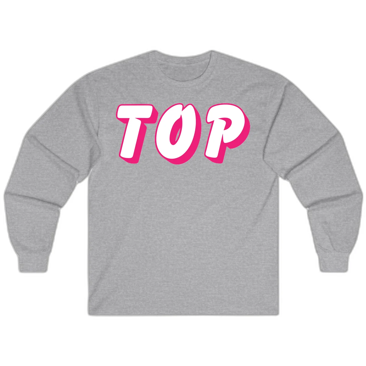 Bold hot pink TOP typography with 3D dimensional shadow effect and white lettering on gray background in Sport Grey