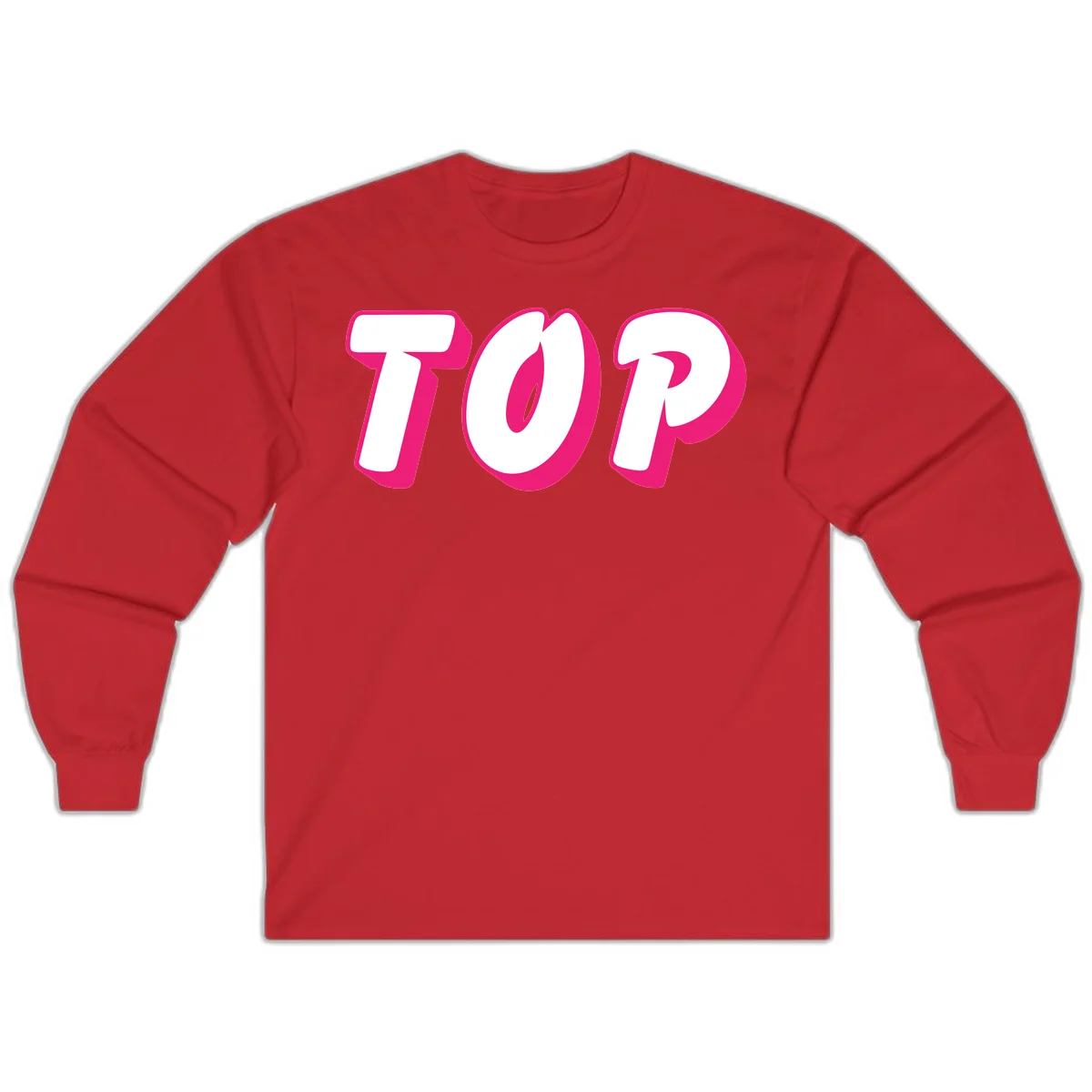 Bold hot pink TOP typography with 3D dimensional shadow effect and white lettering on gray background in Red
