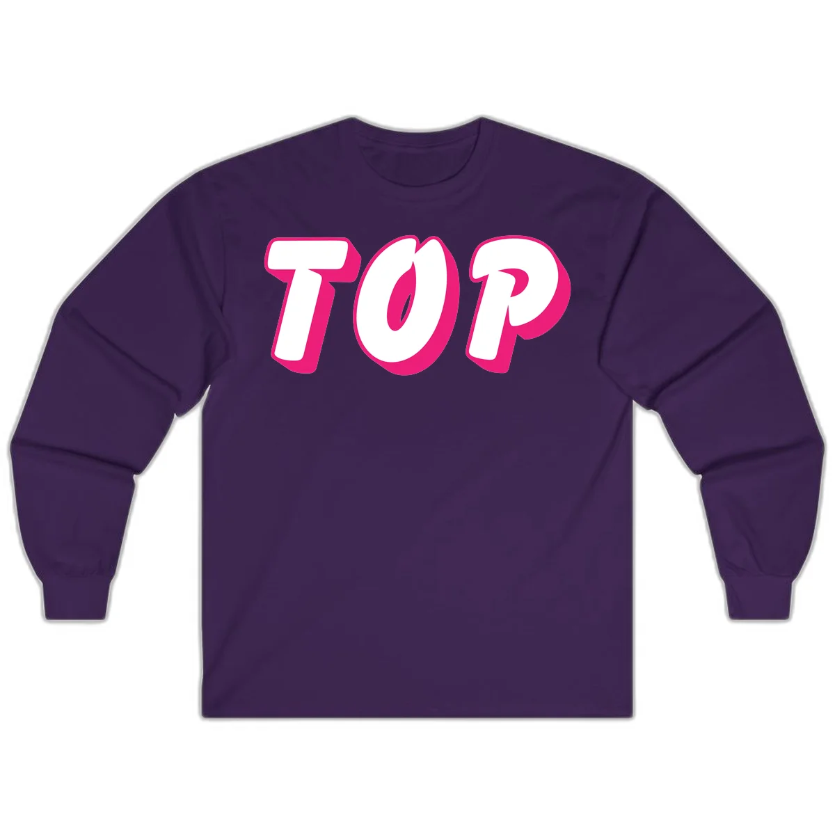 Bold hot pink TOP typography with 3D dimensional shadow effect and white lettering on gray background in Purple