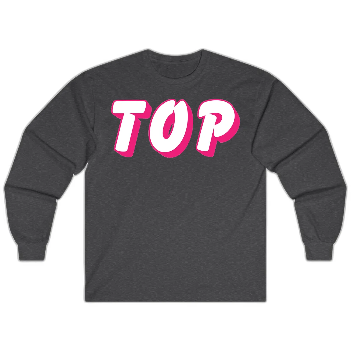 Bold hot pink TOP typography with 3D dimensional shadow effect and white lettering on gray background in Dark Heather
