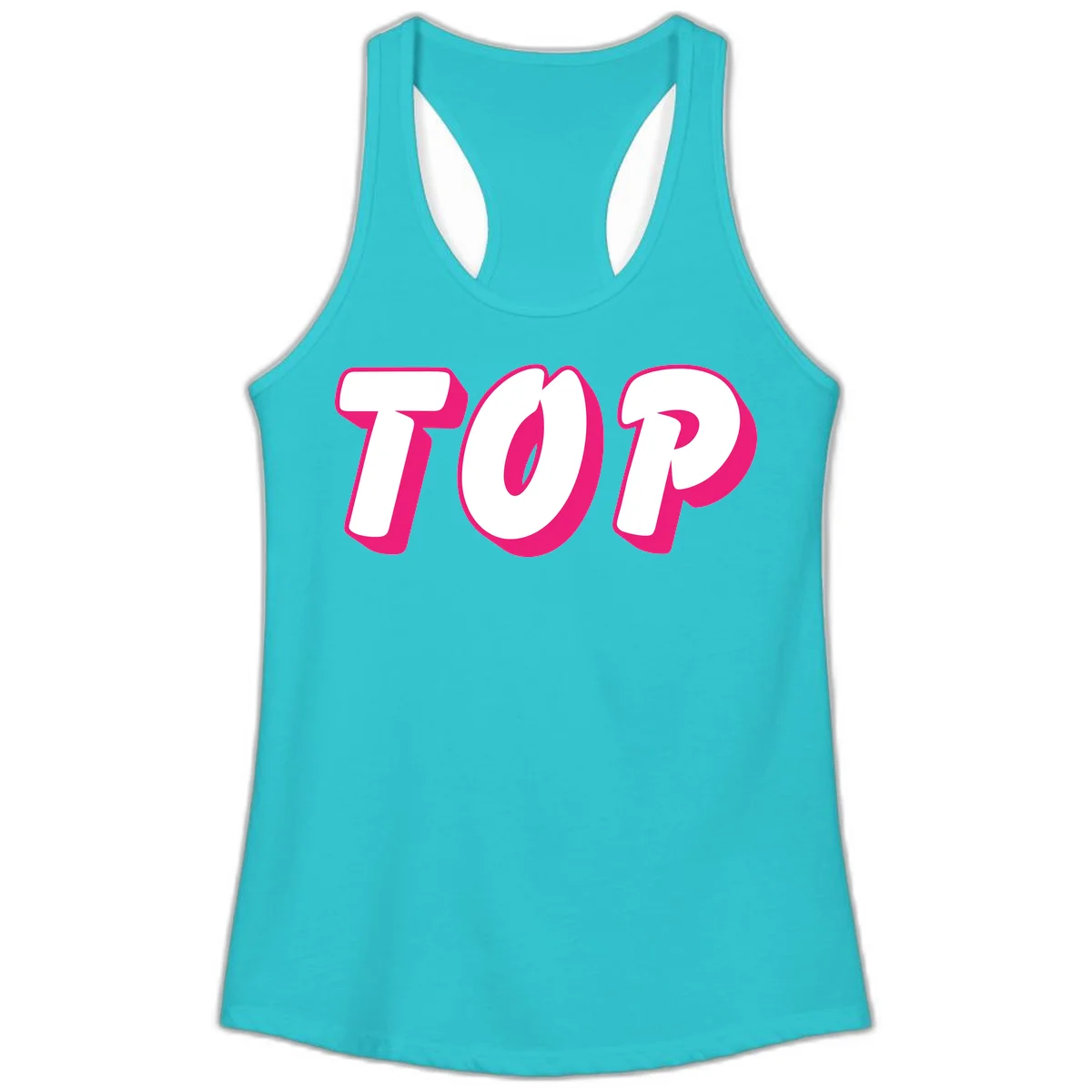 Bold hot pink TOP typography with 3D dimensional shadow effect and white lettering on gray background in Solid Tahiti Blue